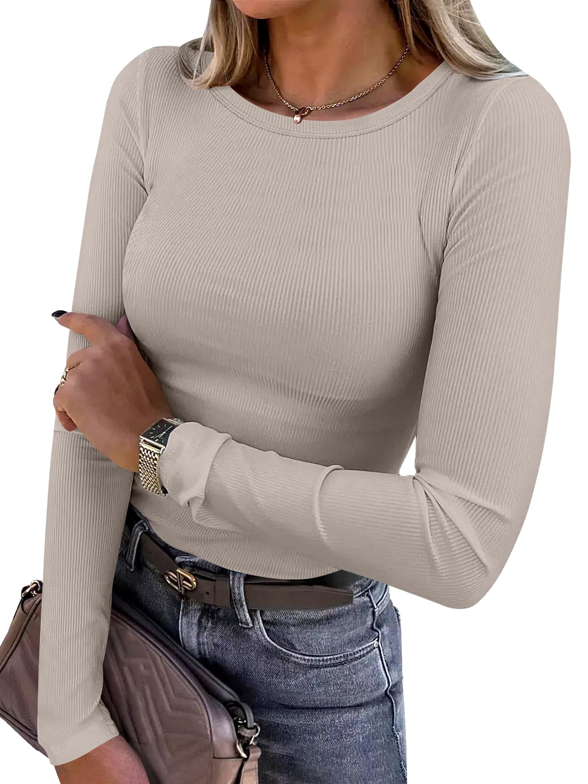 ANRABESS Women Long Sleeve Shirts Ribbed Fitted Tops Jansha Store