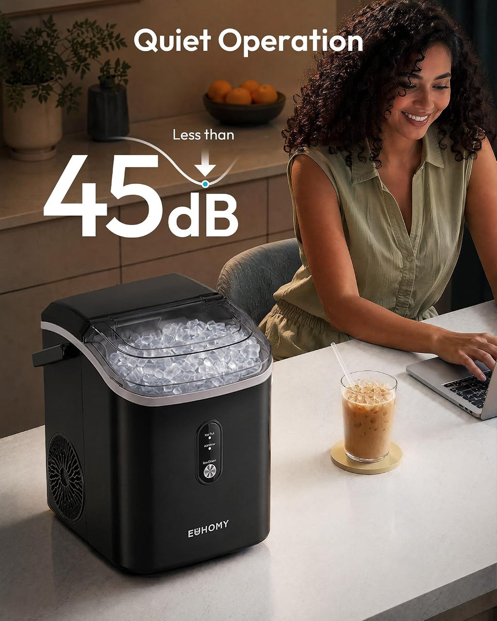 EUHOMY Nugget Ice Maker Countertop with Handle, Ready in 6 Mins, 34lbs Per Day, Removable Top Cover, Auto-Cleaning, Portable Sonic Ice Maker with Basket and Scoop, for Home/Party/RV/Camping (Black) Jansha Store