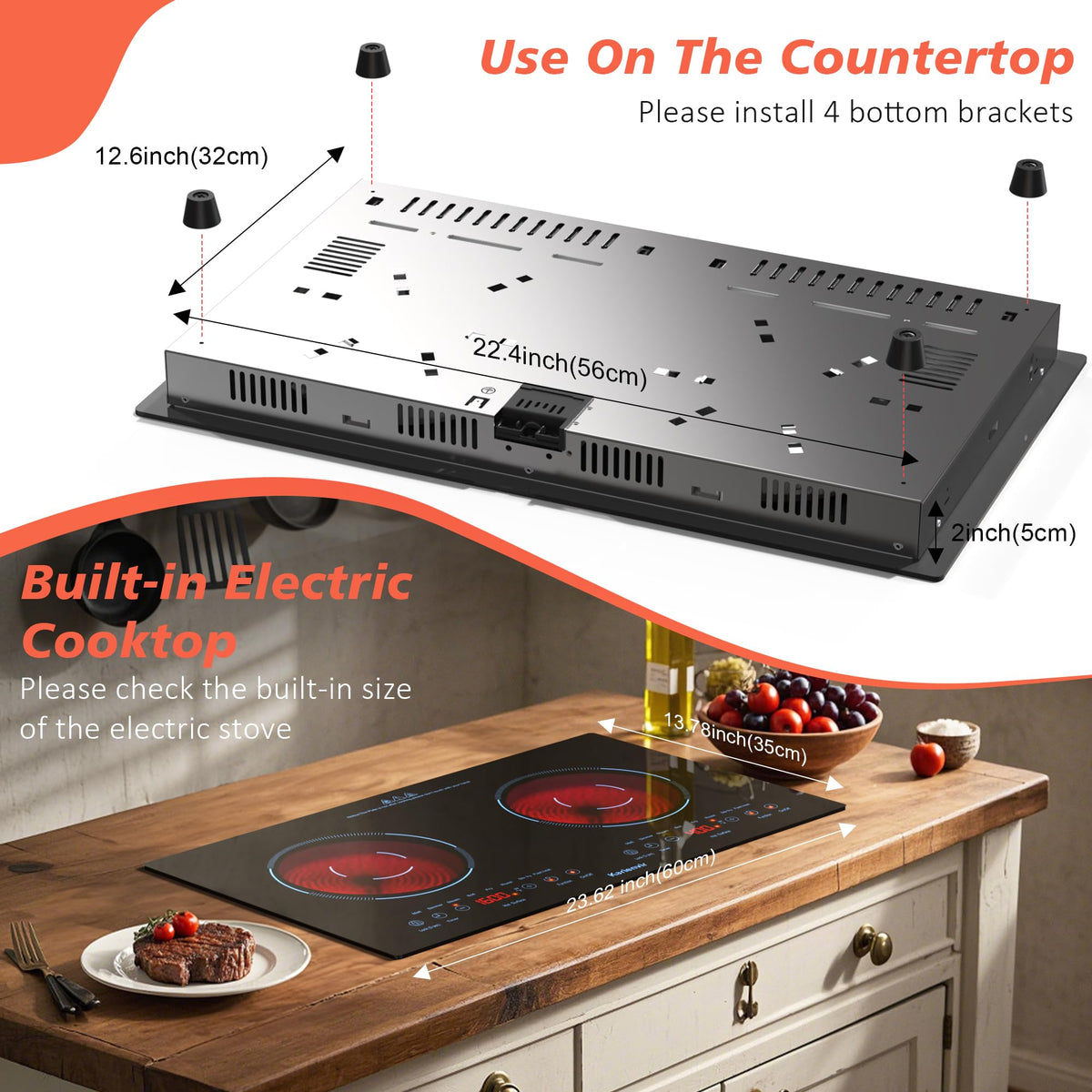 2 Burner Electric Cooktop 110V, 2000W, 24" Countertop & Built-in Jansha Store