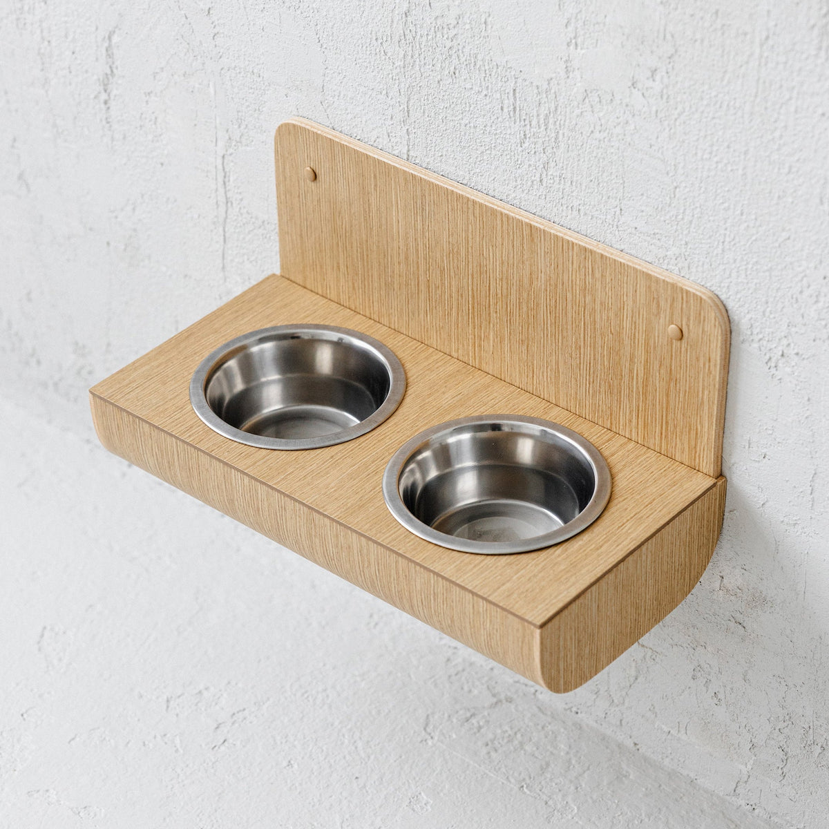 Hanging wooden dog feeder with wall protection, Floating raised dog bowls Valiai