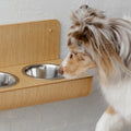 Hanging wooden dog feeder with wall protection, Floating raised dog bowls Valiai