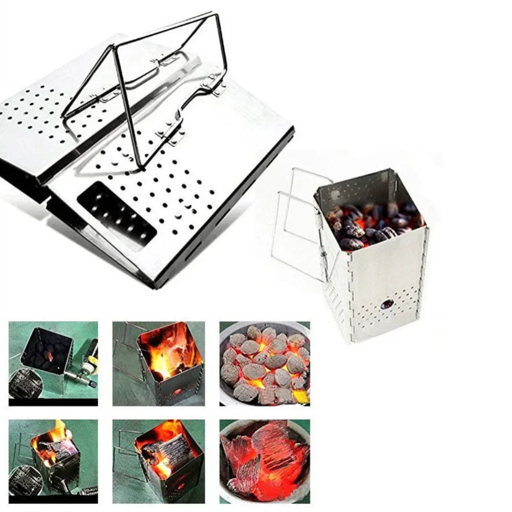 Portable Charcoal Starter & Folding BBQ Grill Stainless Steel Silver LPO