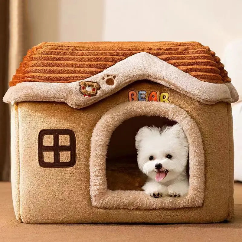 Foldable Soft Pet House And Bed Detachable Cave-Style Nest Brown LPO