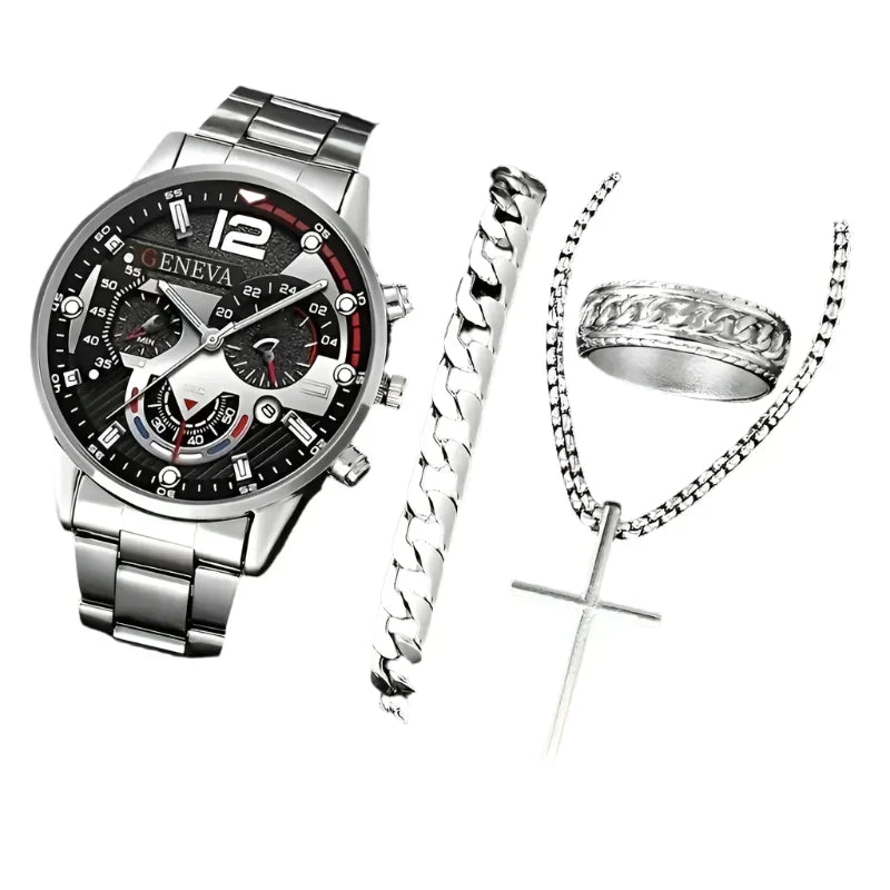 4PCS Men's Stainless Steel Quartz Watch Set (W118-C) LPO