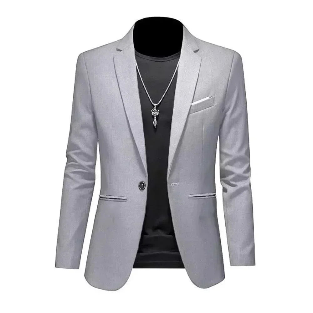 Mens Slim Fit Casual Suit Jacket Single Button (Gray)-0