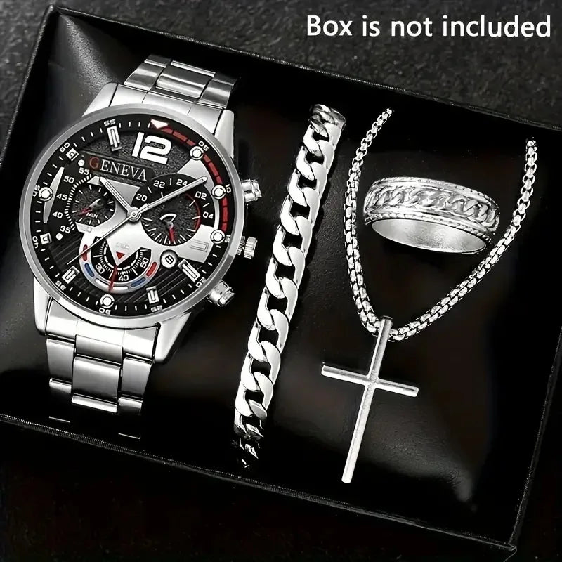 4PCS Men's Stainless Steel Quartz Watch Set (W118-C) LPO