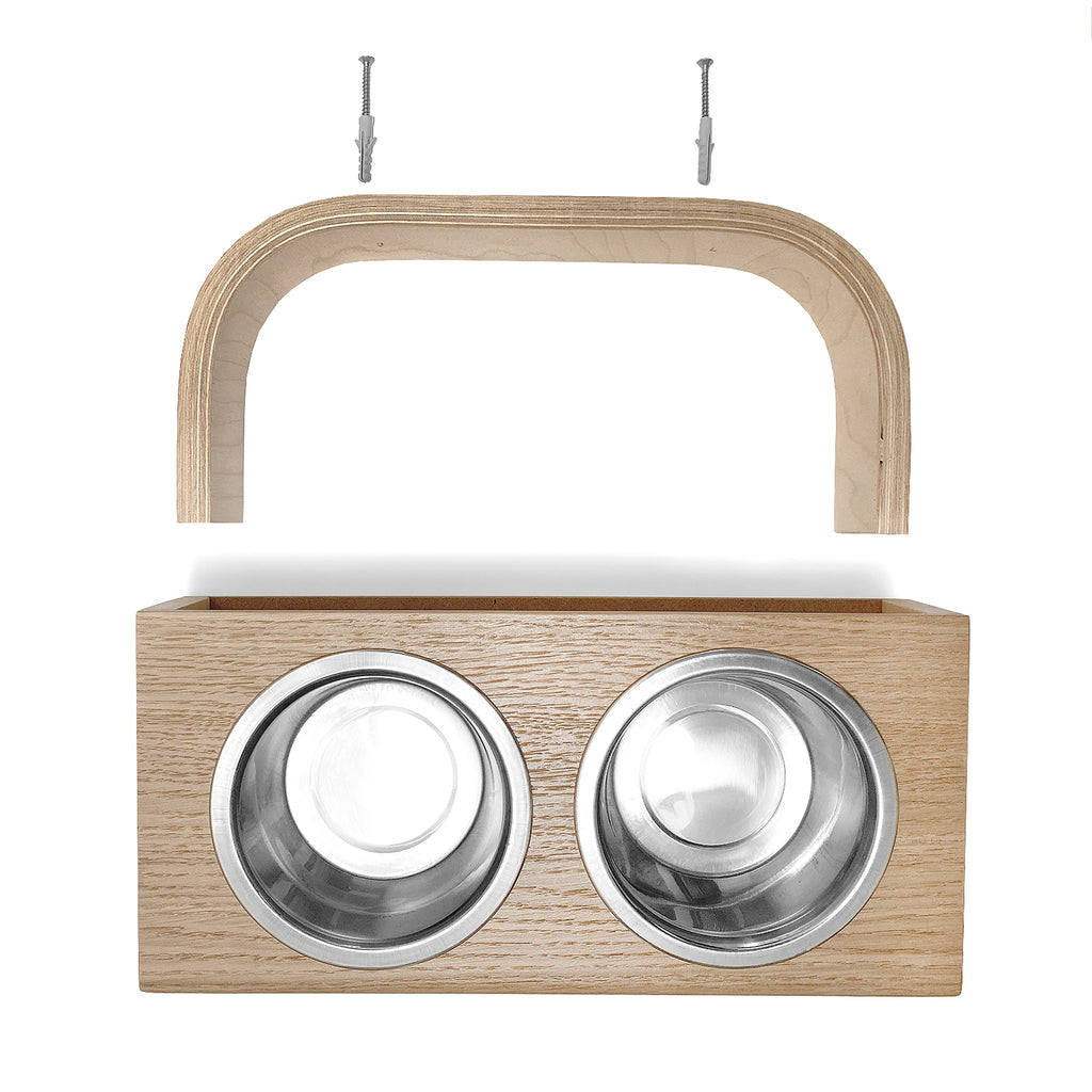 Hanging wooden dog feeder, Mounted pet feeding station, Shepherd food stand Valiai