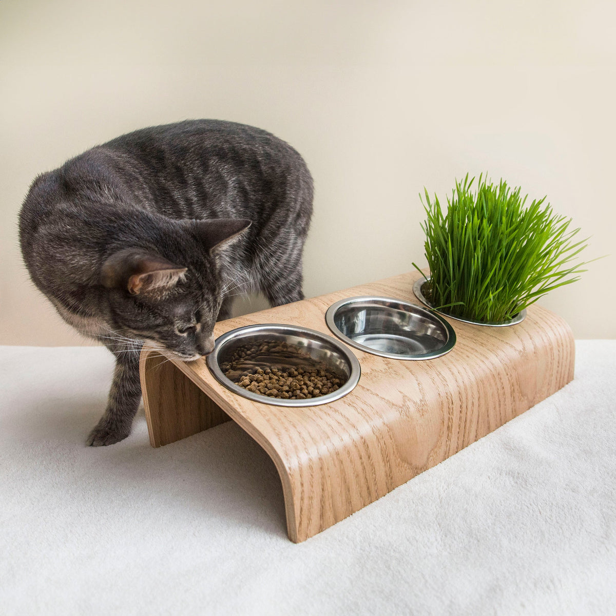 Wooden Elevated Cat and Dog Bowl Stand with 3 Bowls Valiai