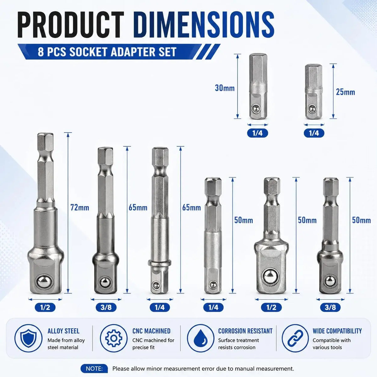 8Pcs Impact Socket Adapter Set, 1/4 3/8 1/2 Hex Shank Square Nut Driver Extension Bit Set for Power Drill Impact Driver Tool Jansha Store